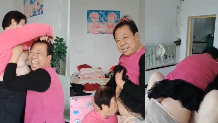 女装老大爷把老大妈玩的叫爸爸，老大妈口的很棒